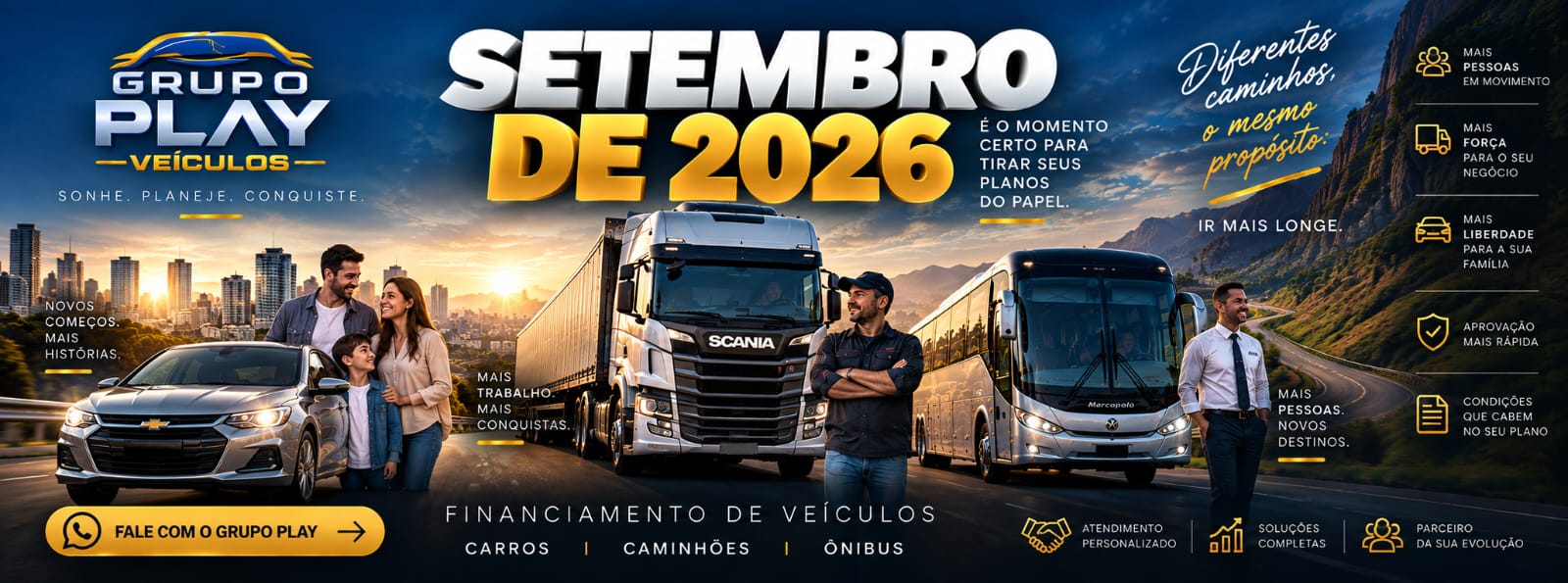 Carro, caminhão e ônibus representando as soluções do Grupo Play Veículos