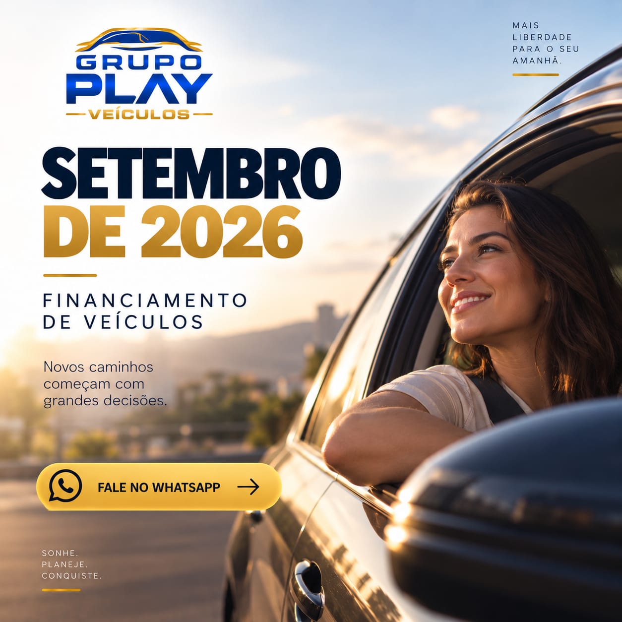Campanha de financiamento de veículos do Grupo Play Veículos com mulher no carro