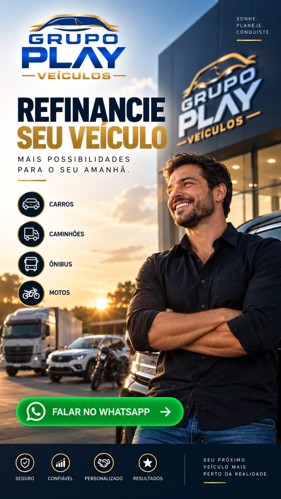 Campanha Refinancie seu veículo do Grupo Play Veículos para carros, caminhões, ônibus e motos